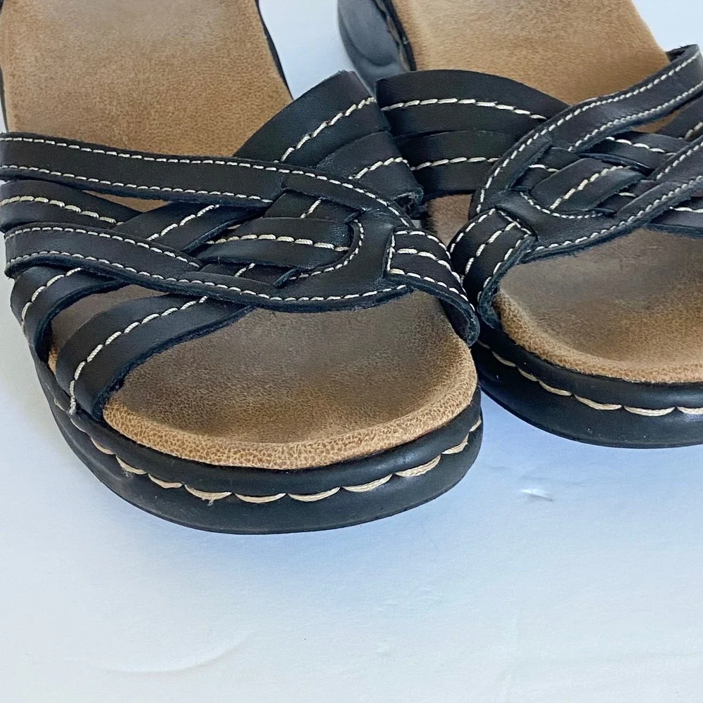 Clarks‎ Bendables Black Leather Wedge Sandals Strappy Comfort 60233 Womens 7.5M